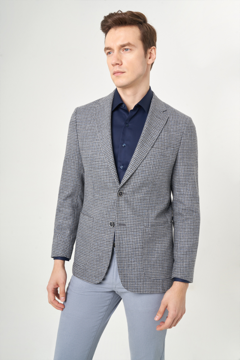 Erkek Regular Fit Mono Yaka 2 Düğmeli Çift Yırtmaçlı Ceket Gri