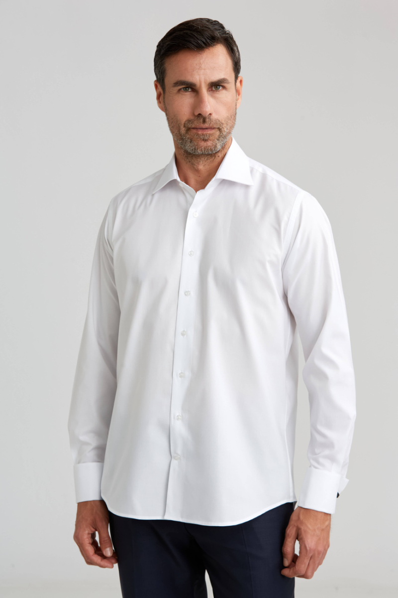 Erkek Regular Fit Pamuk Klasik Yaka Cepsiz Beyaz Gömlek - 1