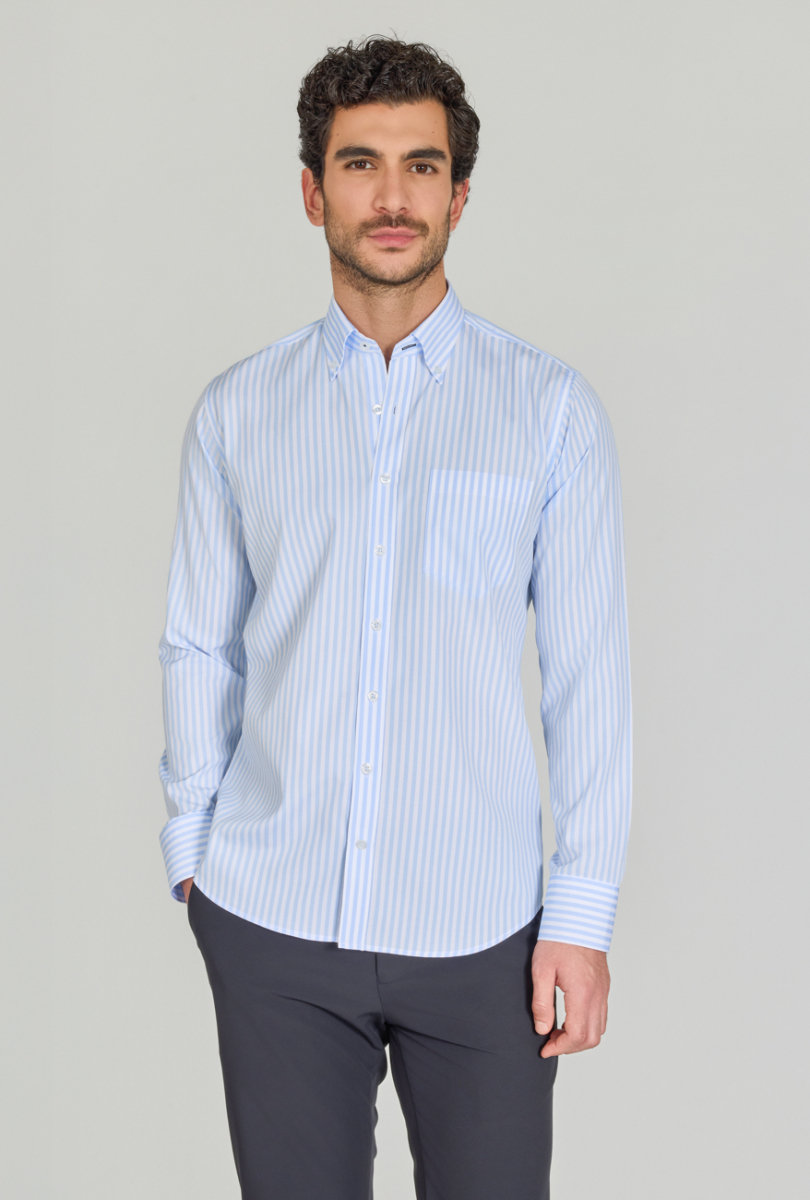 Erkek Regular Fit Pamuk Tek Cep Açık Mavi Gömlek