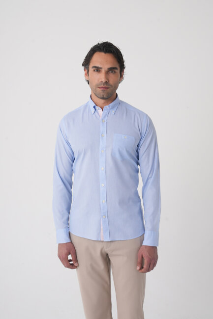 Erkek Regular Fit Uzun Kol  Açık Mavi Gömlek 