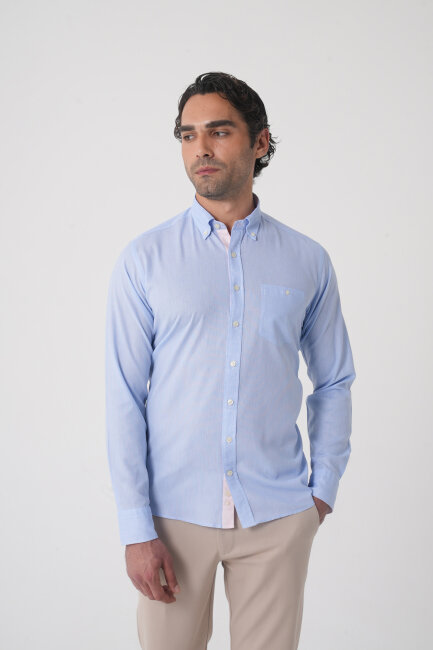 Erkek Regular Fit Uzun Kol  Açık Mavi Gömlek - 2