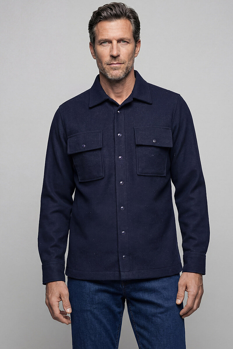 Erkek Regular Fit Uzun Kol Çıtçıtlı Flanel Apaj Yaka Çift Cepli Lacivert Gömlek - 1