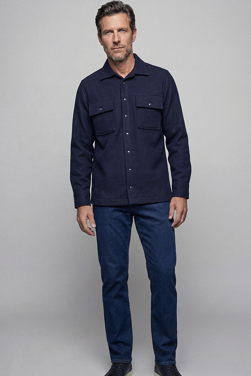 Erkek Regular Fit Uzun Kol Çıtçıtlı Flanel Apaj Yaka Çift Cepli Lacivert Gömlek - 5