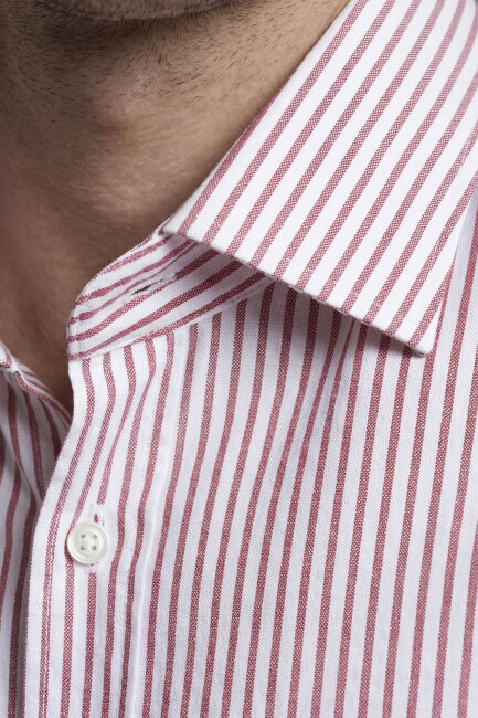 Erkek Regular Fit Uzun Kol İtalyan Yaka Cepsiz Pamuk Kırmızı Gömlek - 3