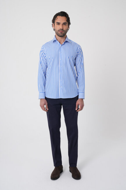 Erkek Regular Fit Uzun Kol İtalyan Yaka Pamuk Mavi Gömlek - 3