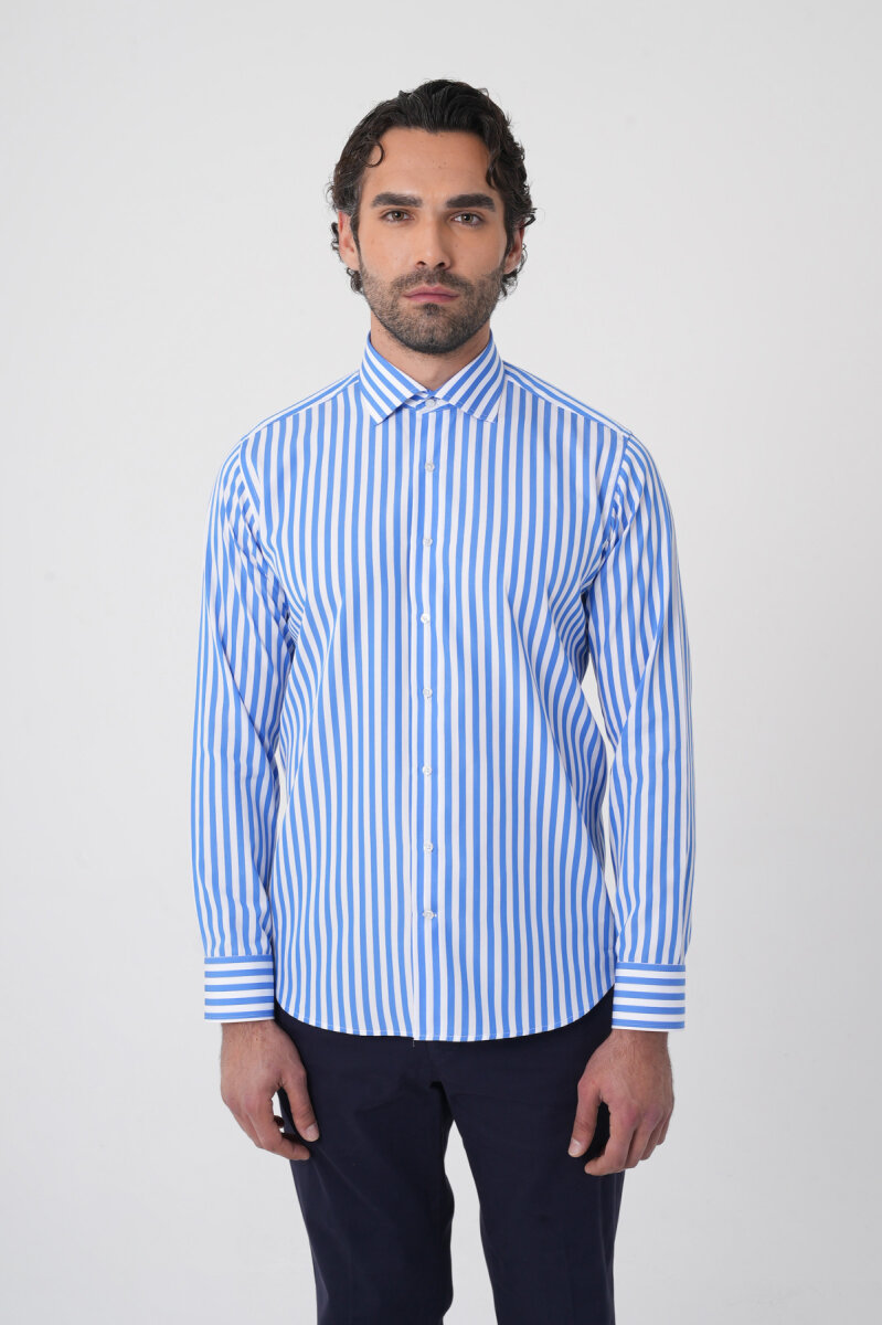 Erkek Regular Fit Uzun Kol İtalyan Yaka Pamuk Mavi Gömlek - 1