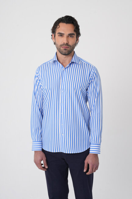 Erkek Regular Fit Uzun Kol İtalyan Yaka Pamuk Mavi Gömlek - 2