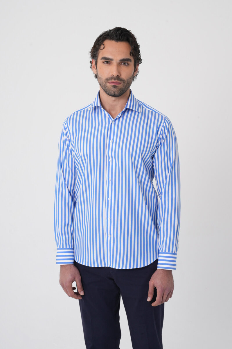 Erkek Regular Fit Uzun Kol İtalyan Yaka Pamuk Mavi Gömlek - 2