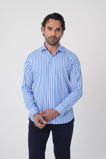 Erkek Regular Fit Uzun Kol İtalyan Yaka Pamuk Mavi Gömlek - 5