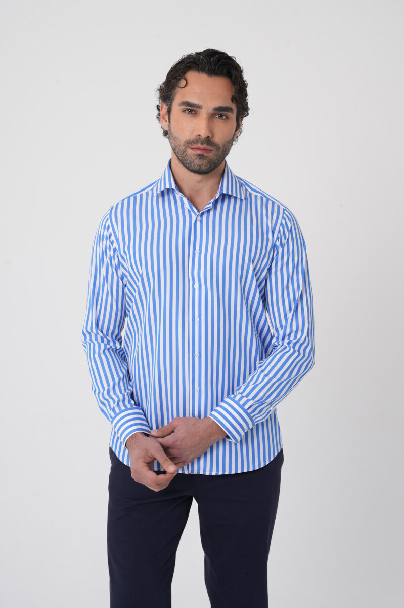 Erkek Regular Fit Uzun Kol İtalyan Yaka Pamuk Mavi Gömlek - 5