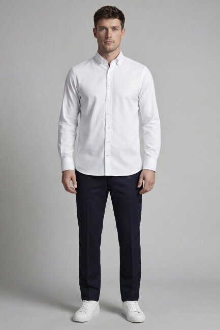 Erkek Regular Fit Uzun Kol Keten Paşa Yaka Cepsiz Beyaz Gömlek - 4