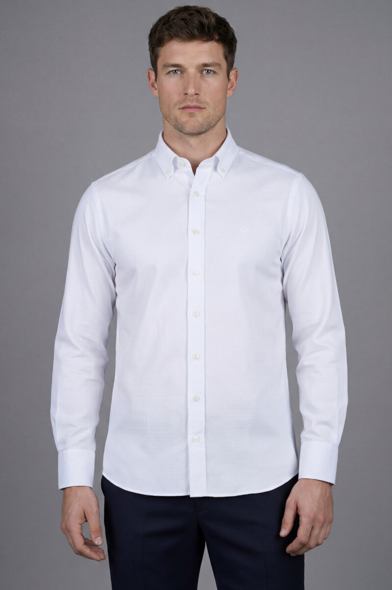 Erkek Regular Fit Uzun Kol Keten Paşa Yaka Cepsiz Beyaz Gömlek - 1