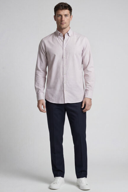 Erkek Regular Fit Uzun Kol Keten Paşa Yaka Cepsiz Gömlek - 5