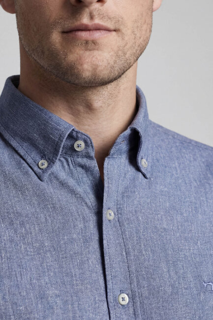 Erkek Regular Fit Uzun Kol Keten Paşa Yaka Cepsiz Lacivert Gömlek - 3