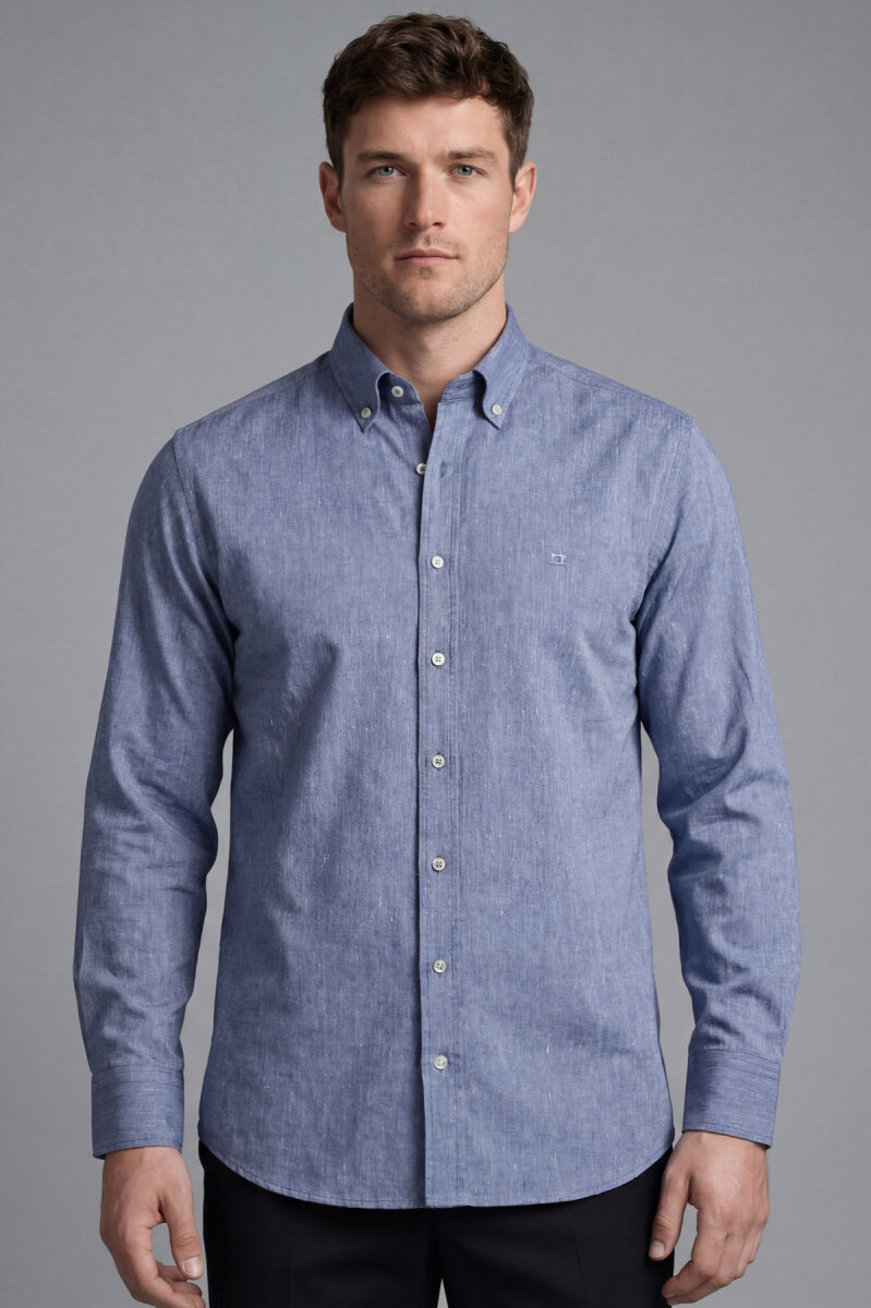 Erkek Regular Fit Uzun Kol Keten Paşa Yaka Cepsiz Lacivert Gömlek - 1