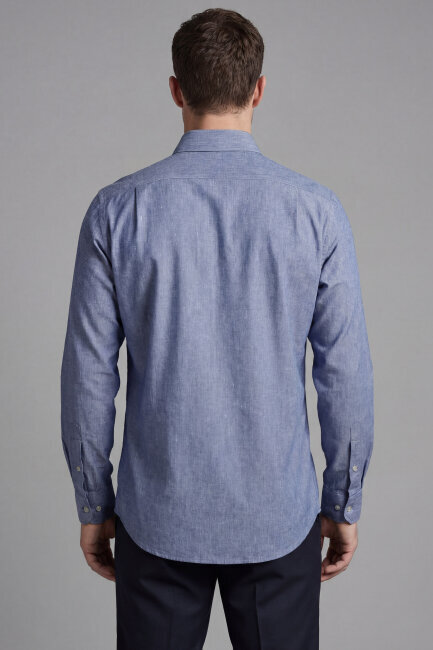 Erkek Regular Fit Uzun Kol Keten Paşa Yaka Cepsiz Lacivert Gömlek - 2