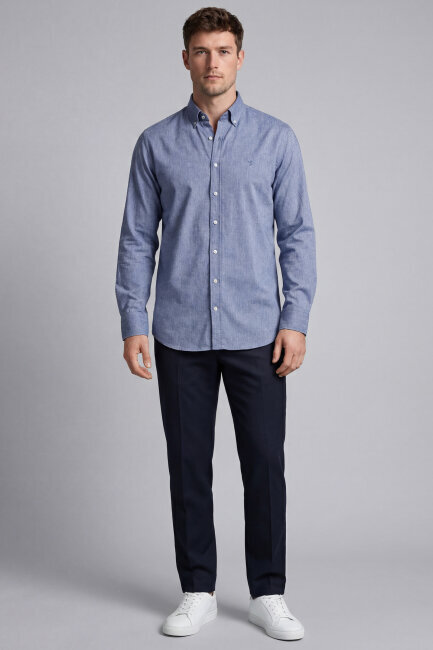 Erkek Regular Fit Uzun Kol Keten Paşa Yaka Cepsiz Lacivert Gömlek - 4