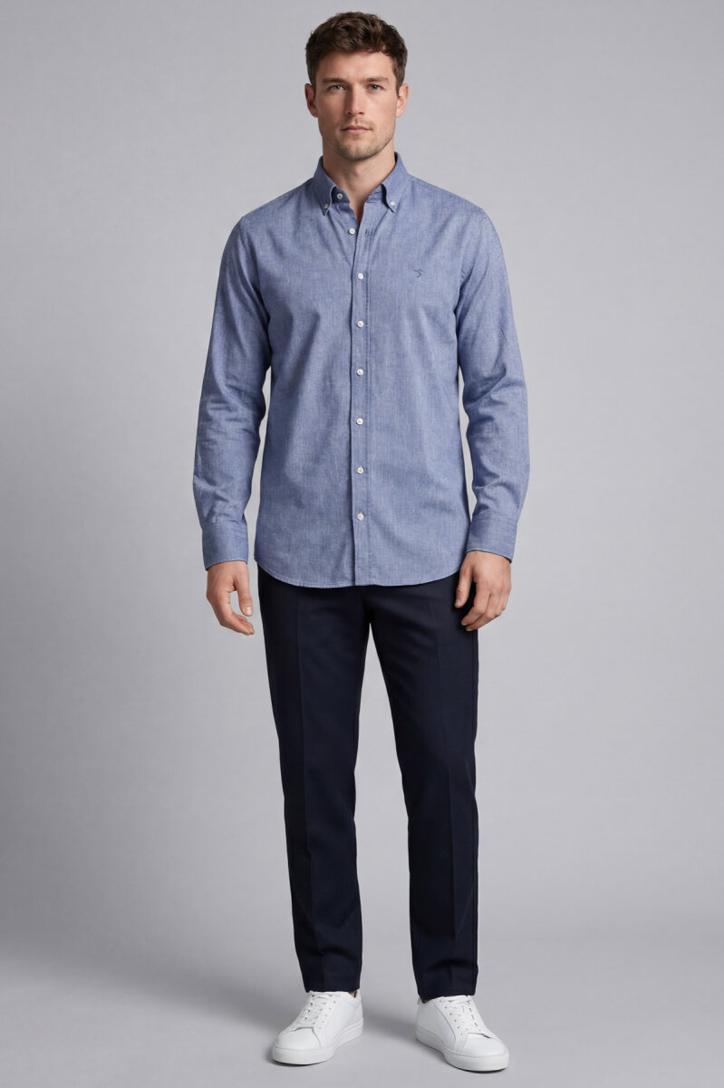 Erkek Regular Fit Uzun Kol Keten Paşa Yaka Cepsiz Lacivert Gömlek - 4