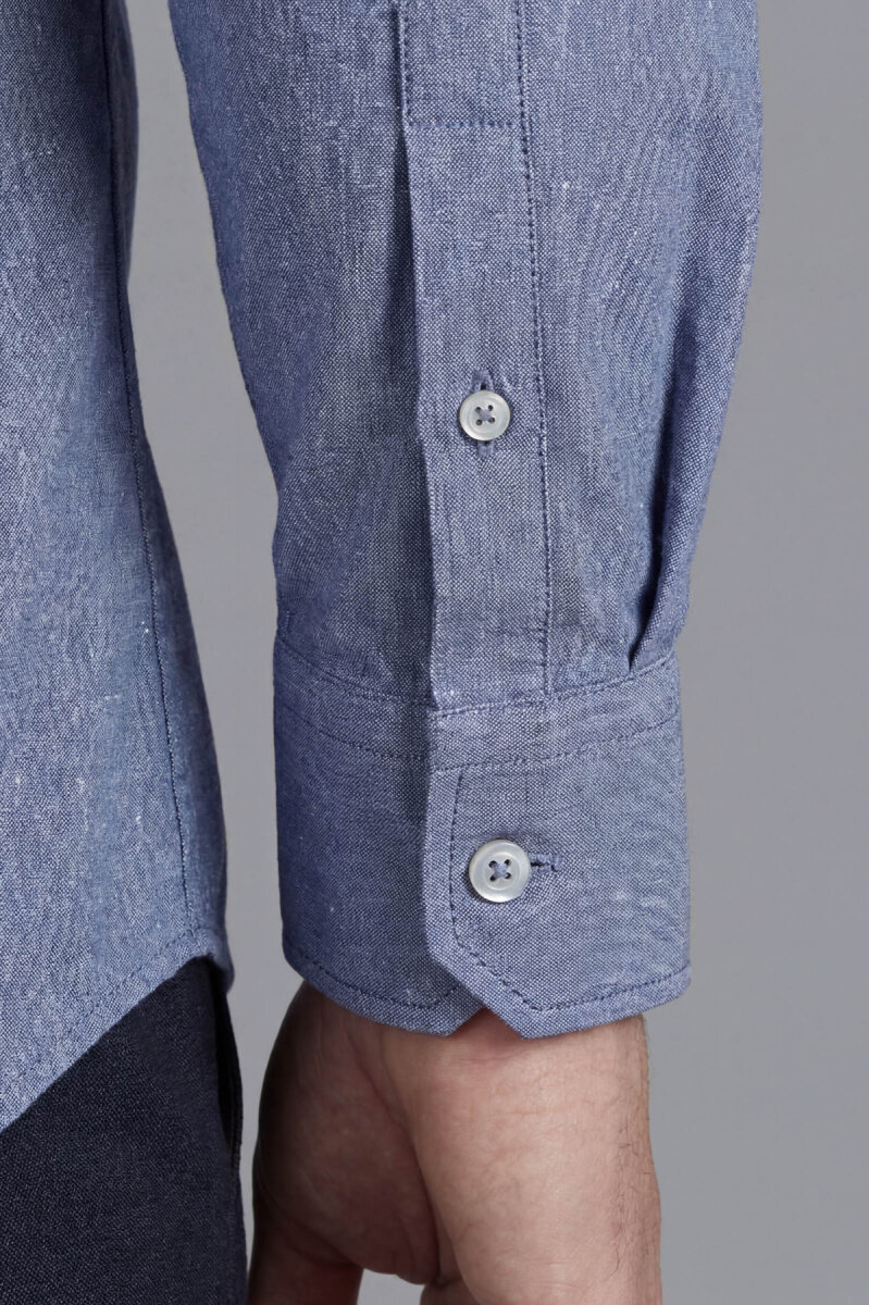 Erkek Regular Fit Uzun Kol Keten Paşa Yaka Cepsiz Lacivert Gömlek - 5