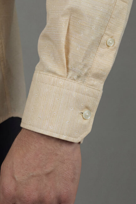 Erkek Regular Fit Uzun Kol Keten Paşa Yaka Cepsiz Sarı Gömlek - 3