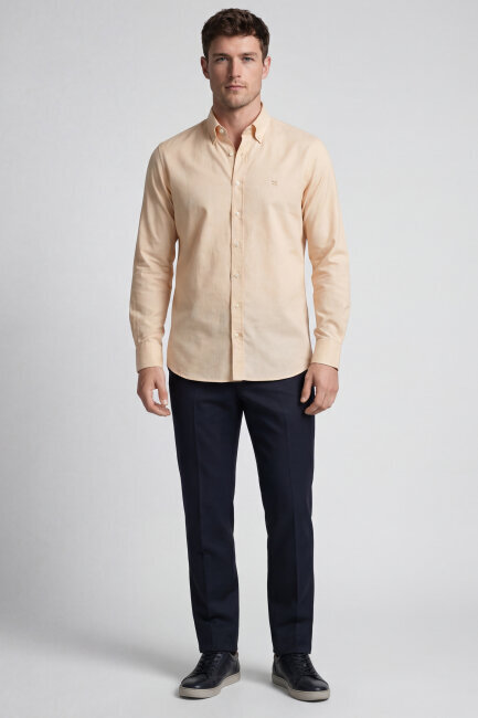 Erkek Regular Fit Uzun Kol Keten Paşa Yaka Cepsiz Sarı Gömlek - 5