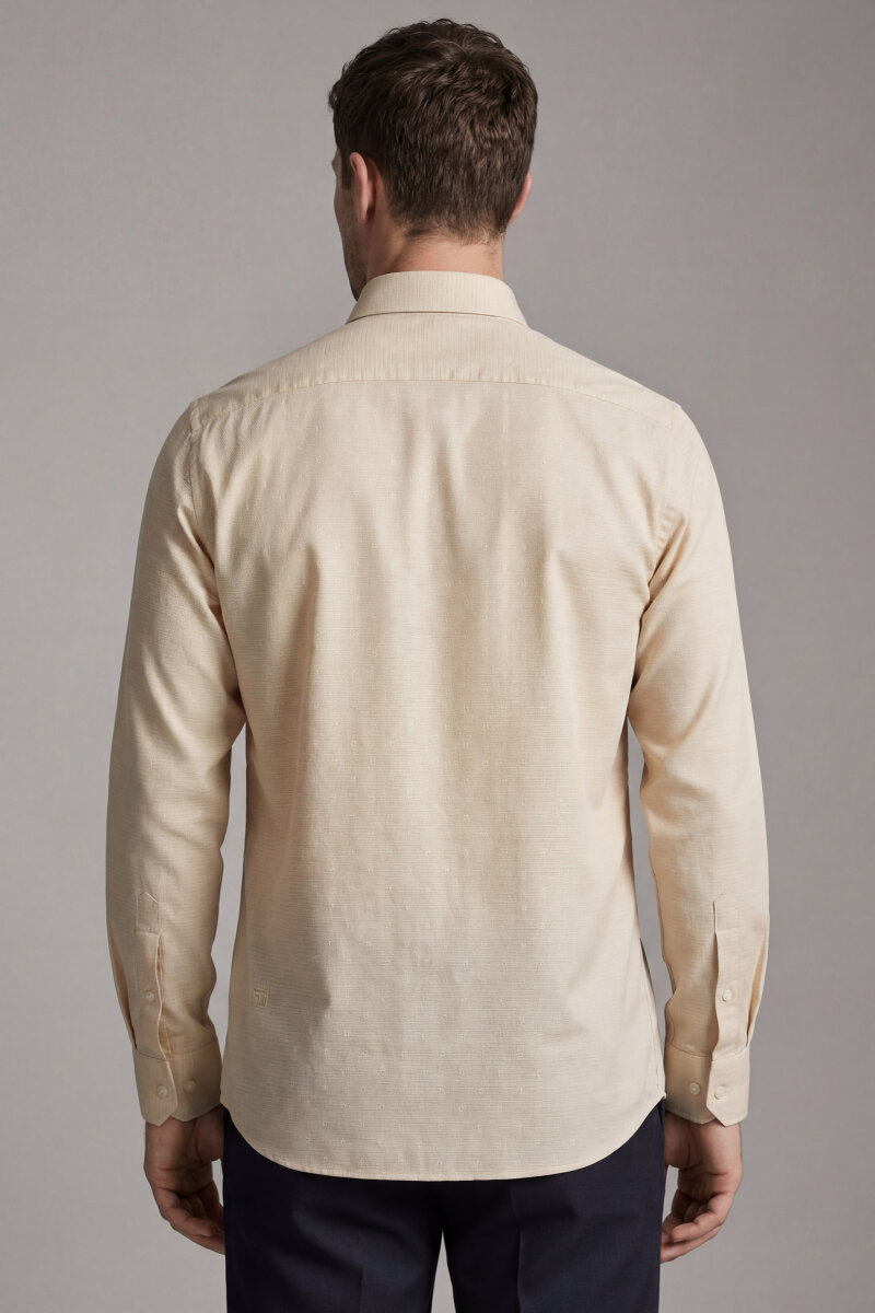 Erkek Regular Fit Uzun Kol Keten Paşa Yaka Cepsiz Sarı Gömlek - 2