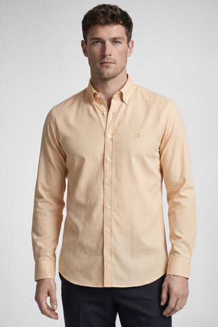 Erkek Regular Fit Uzun Kol Keten Paşa Yaka Cepsiz Sarı Gömlek