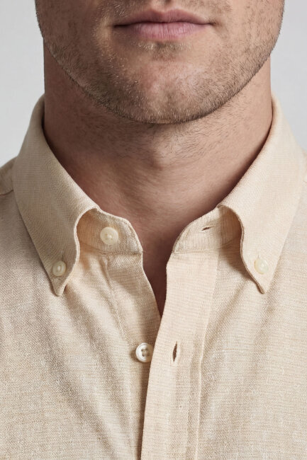 Erkek Regular Fit Uzun Kol Keten Paşa Yaka Cepsiz Sarı Gömlek - 4