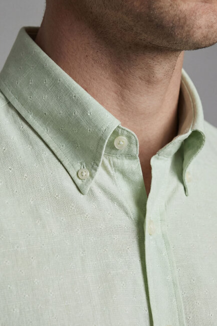 Erkek Regular Fit Uzun Kol Keten Paşa Yaka Cepsiz Su Yeşili Gömlek - 3