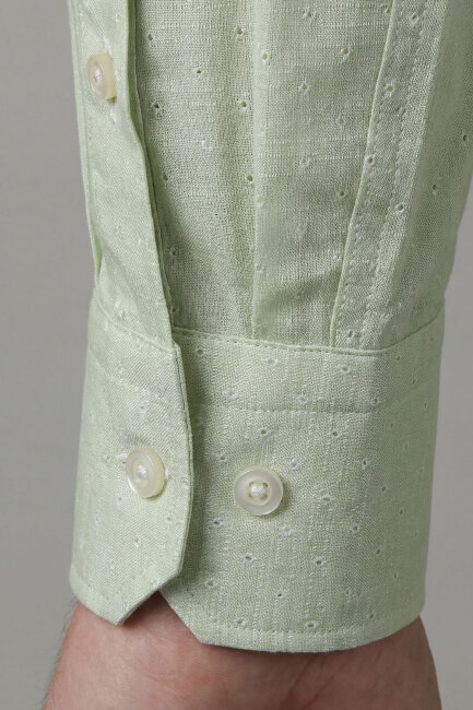 Erkek Regular Fit Uzun Kol Keten Paşa Yaka Cepsiz Su Yeşili Gömlek - 4