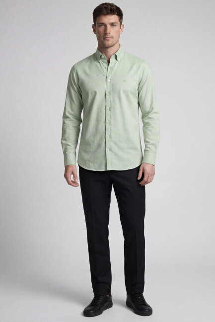 Erkek Regular Fit Uzun Kol Keten Paşa Yaka Cepsiz Su Yeşili Gömlek - 5