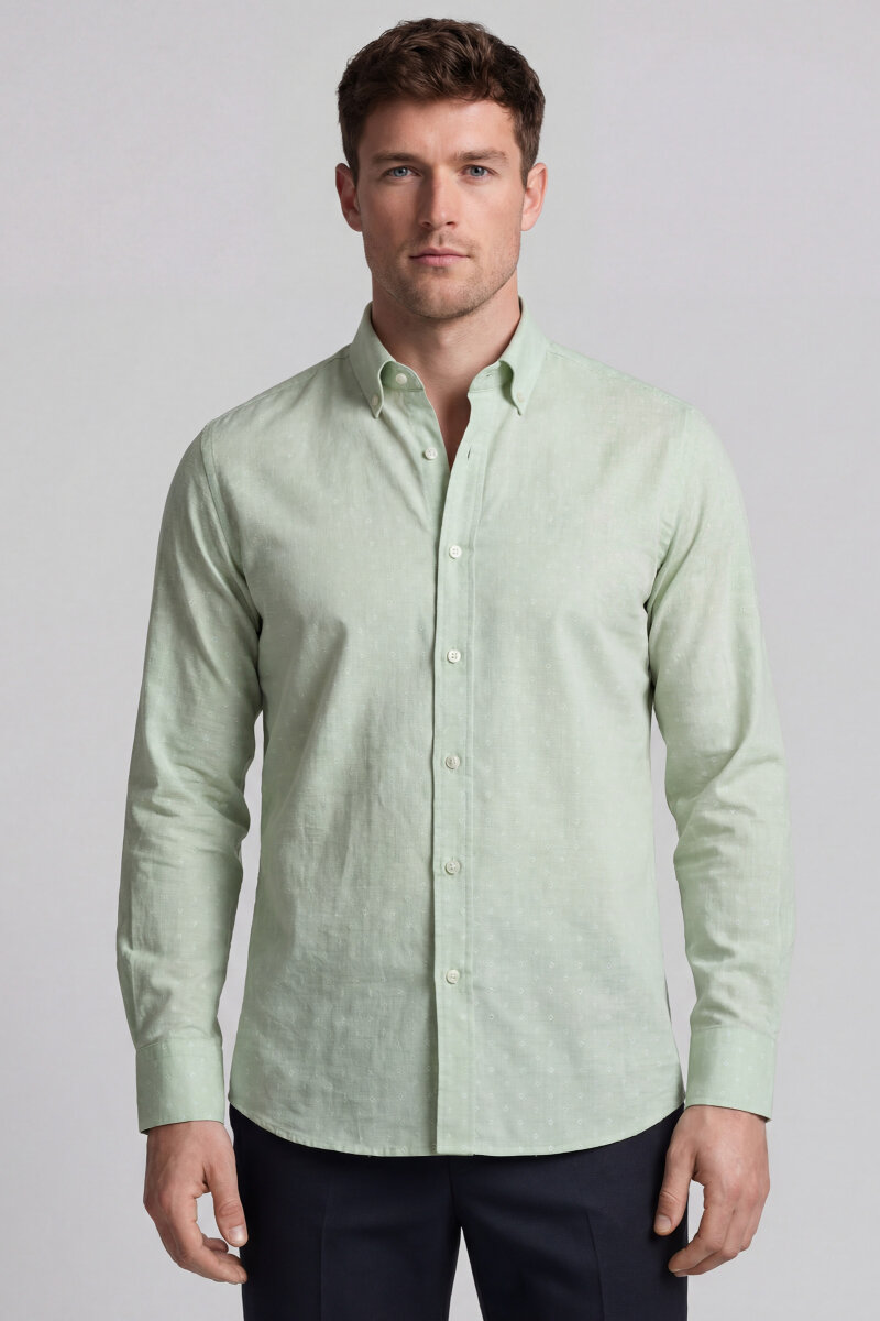 Erkek Regular Fit Uzun Kol Keten Paşa Yaka Cepsiz Su Yeşili Gömlek - 1