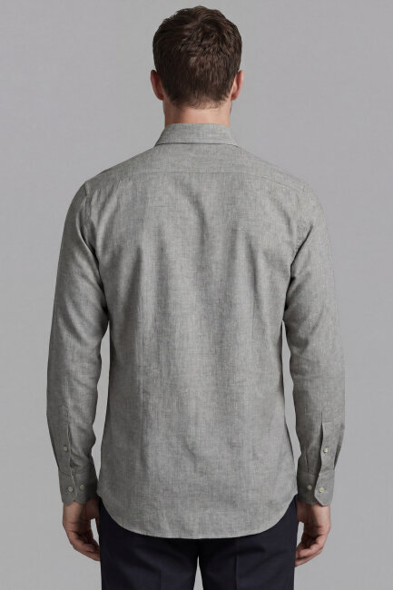 Erkek Regular Fit Uzun Kol Keten Paşa Yaka Cepsiz Yeşil Gömlek (1)