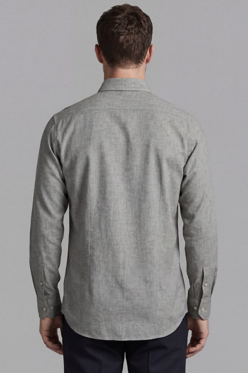 Erkek Regular Fit Uzun Kol Keten Paşa Yaka Cepsiz Yeşil Gömlek - 2