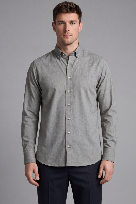 Erkek Regular Fit Uzun Kol Keten Paşa Yaka Cepsiz Yeşil Gömlek