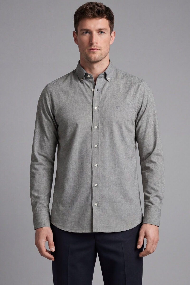 Erkek Regular Fit Uzun Kol Keten Paşa Yaka Cepsiz Yeşil Gömlek - 1