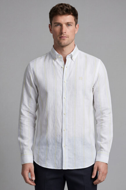 Erkek Regular Fit Uzun Kol Keten Paşa Yaka Sarı Gömlek