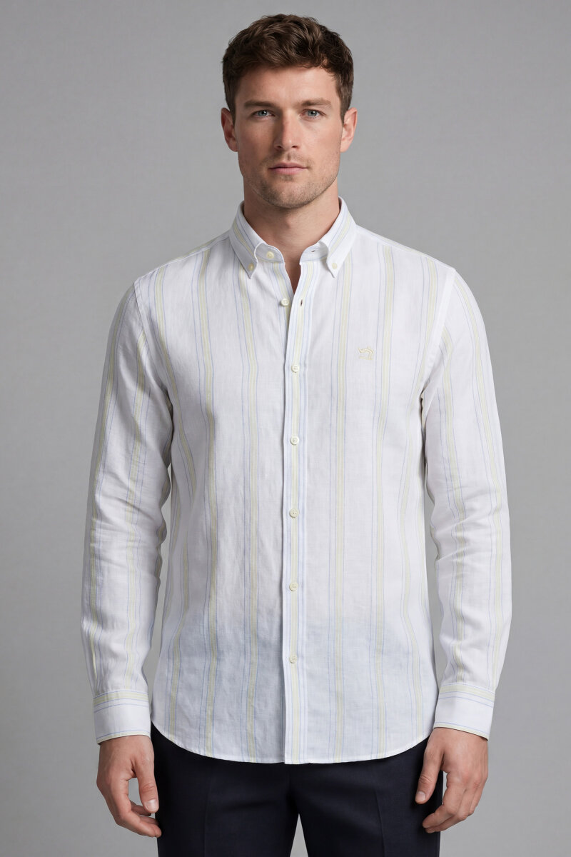 Erkek Regular Fit Uzun Kol Keten Paşa Yaka Sarı Gömlek - 1