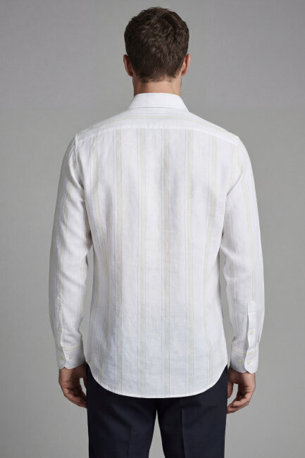 Erkek Regular Fit Uzun Kol Keten Paşa Yaka Sarı Gömlek - 2