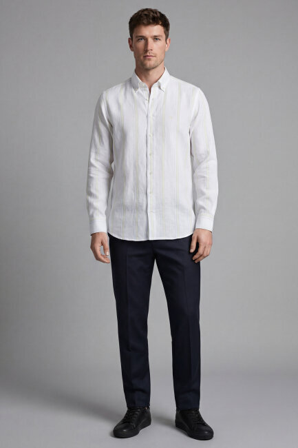 Erkek Regular Fit Uzun Kol Keten Paşa Yaka Sarı Gömlek - 6