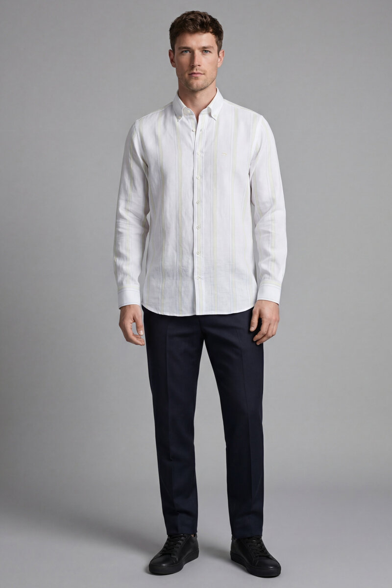 Erkek Regular Fit Uzun Kol Keten Paşa Yaka Sarı Gömlek - 6