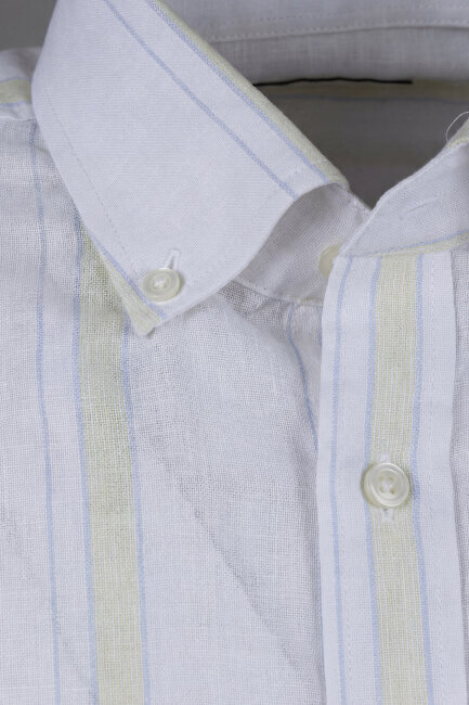 Erkek Regular Fit Uzun Kol Keten Paşa Yaka Sarı Gömlek - 3