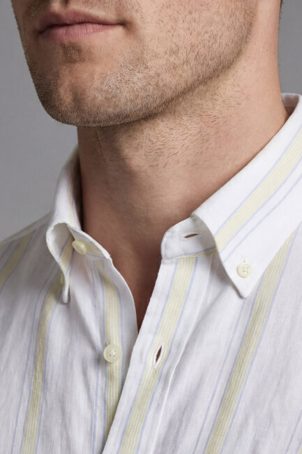 Erkek Regular Fit Uzun Kol Keten Paşa Yaka Sarı Gömlek - 4