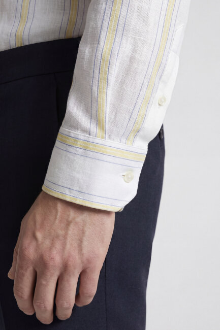 Erkek Regular Fit Uzun Kol Keten Paşa Yaka Sarı Gömlek - 5