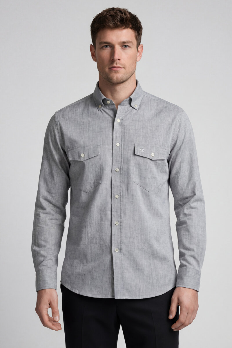 Erkek Regular Fit Uzun Kol Keten Paşa Yaka Yeşil Gömlek - 1