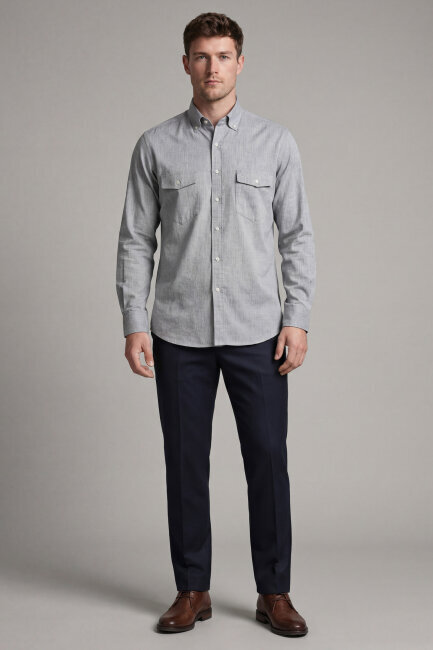 Erkek Regular Fit Uzun Kol Keten Paşa Yaka Yeşil Gömlek - 5