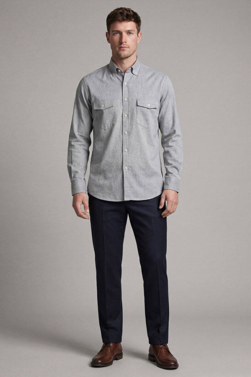 Erkek Regular Fit Uzun Kol Keten Paşa Yaka Yeşil Gömlek - 5