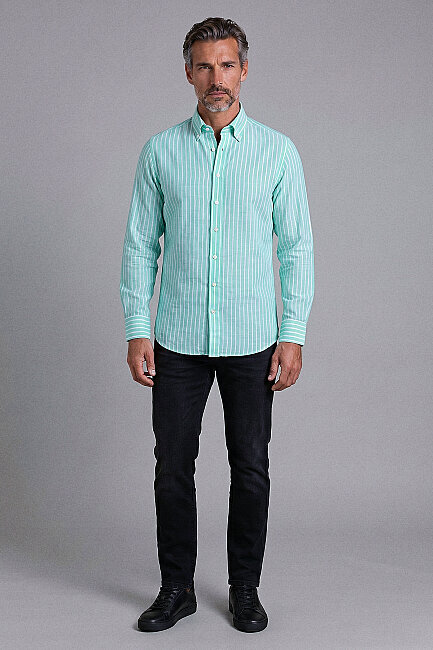 Green Regular Fit Cotton Linen Long Shirt (4)