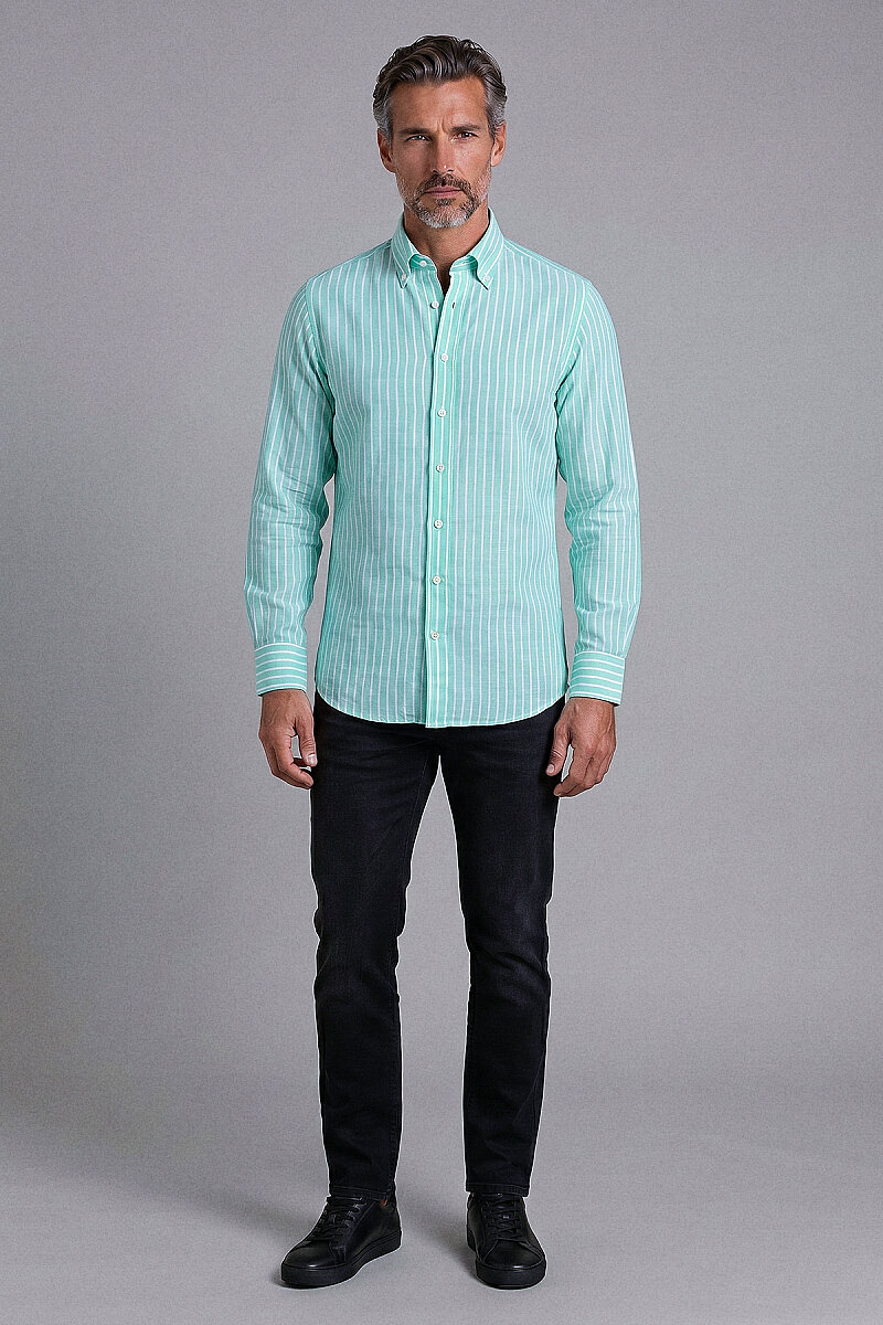 Yeşil Regular Fit Pamuk Keten Uzun Gömlek - 5