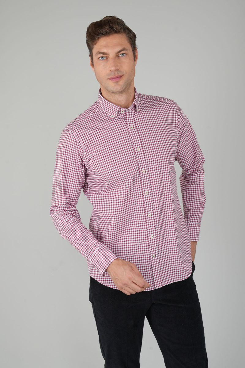 Erkek Regular Fit Uzun Kol Paşa Yaka Erkek Regular Pamuk Kırmızı Gömlek - 1